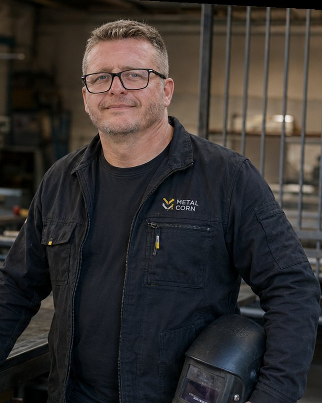 Jiří Kučera, majitel Metal Corn, v pracovní bundě se svářečskou kuklou pod paží